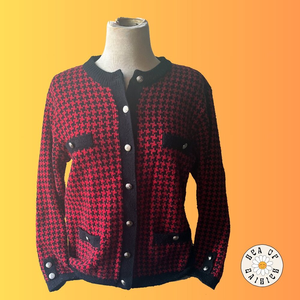 Karen Scott Petities vintage houndstooth cardigan sweater in in red and black